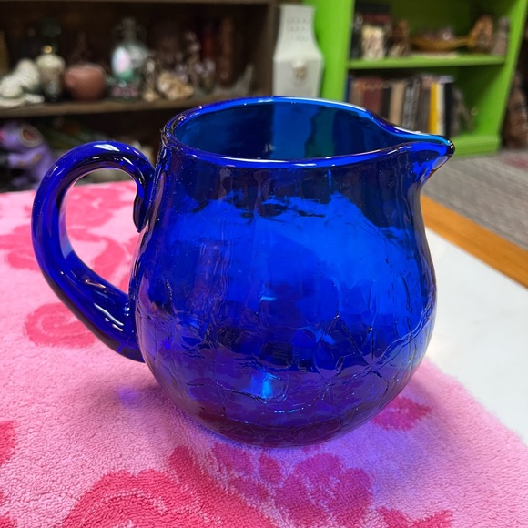 Vintage Other - VTG Made in Mexico Dark Blue Handblown Glass Pitcher with Applied Handle